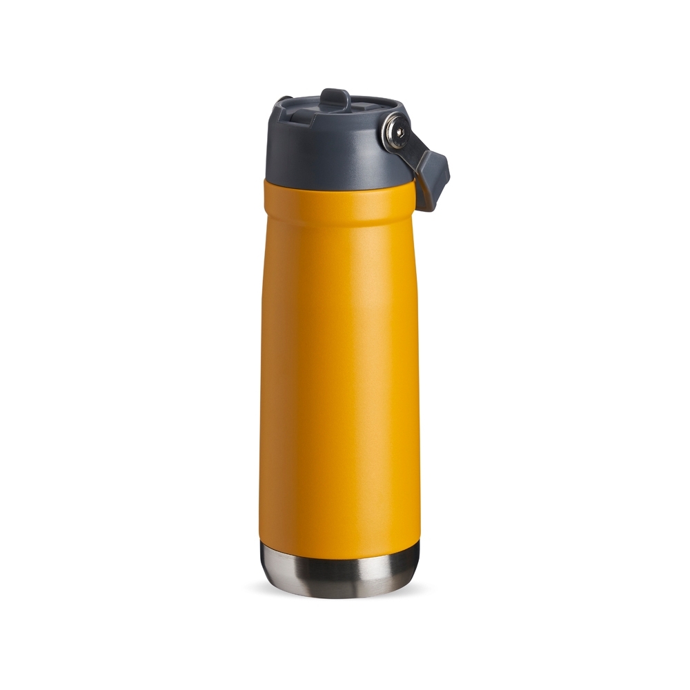 Garrafa térmica 700 ml com canudo e alça personalizada com a logo da empresa, na cor amarelo / cinza