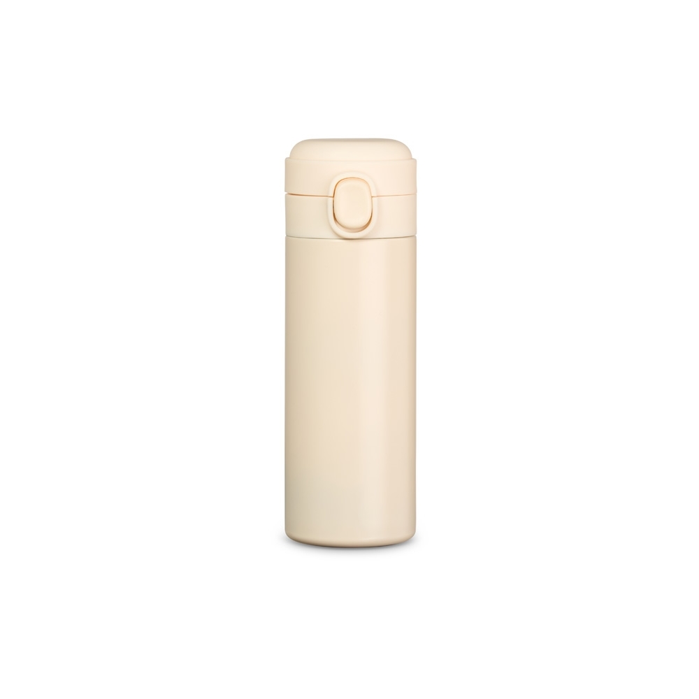 Garrafa térmica 400 ml de inox com tampa de botão personalizada com a logo da empresa, na cor creme