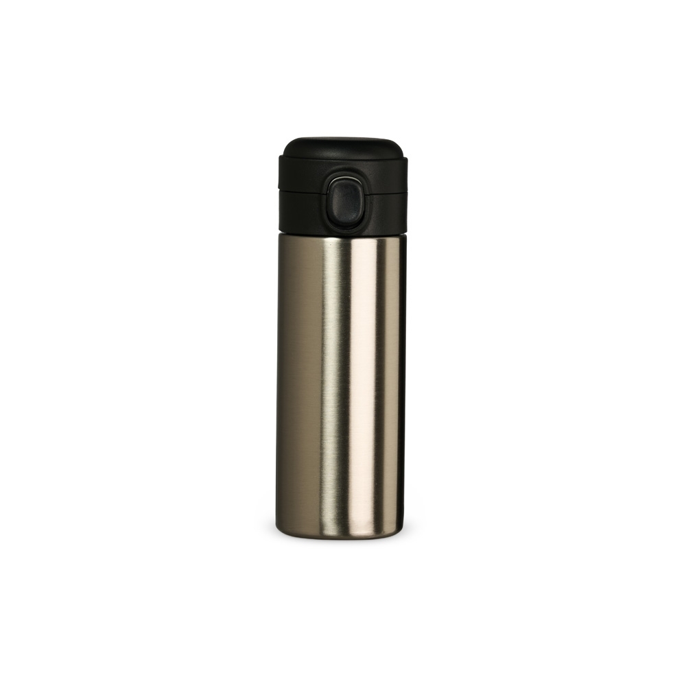 Garrafa térmica 400 ml de inox com tampa de botão personalizada com a logo da empresa, na cor inox
