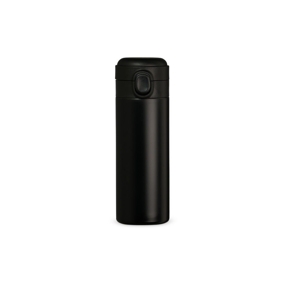 Garrafa térmica 400 ml de inox com tampa de botão na cor Preto, personalizada com a logo da empresa