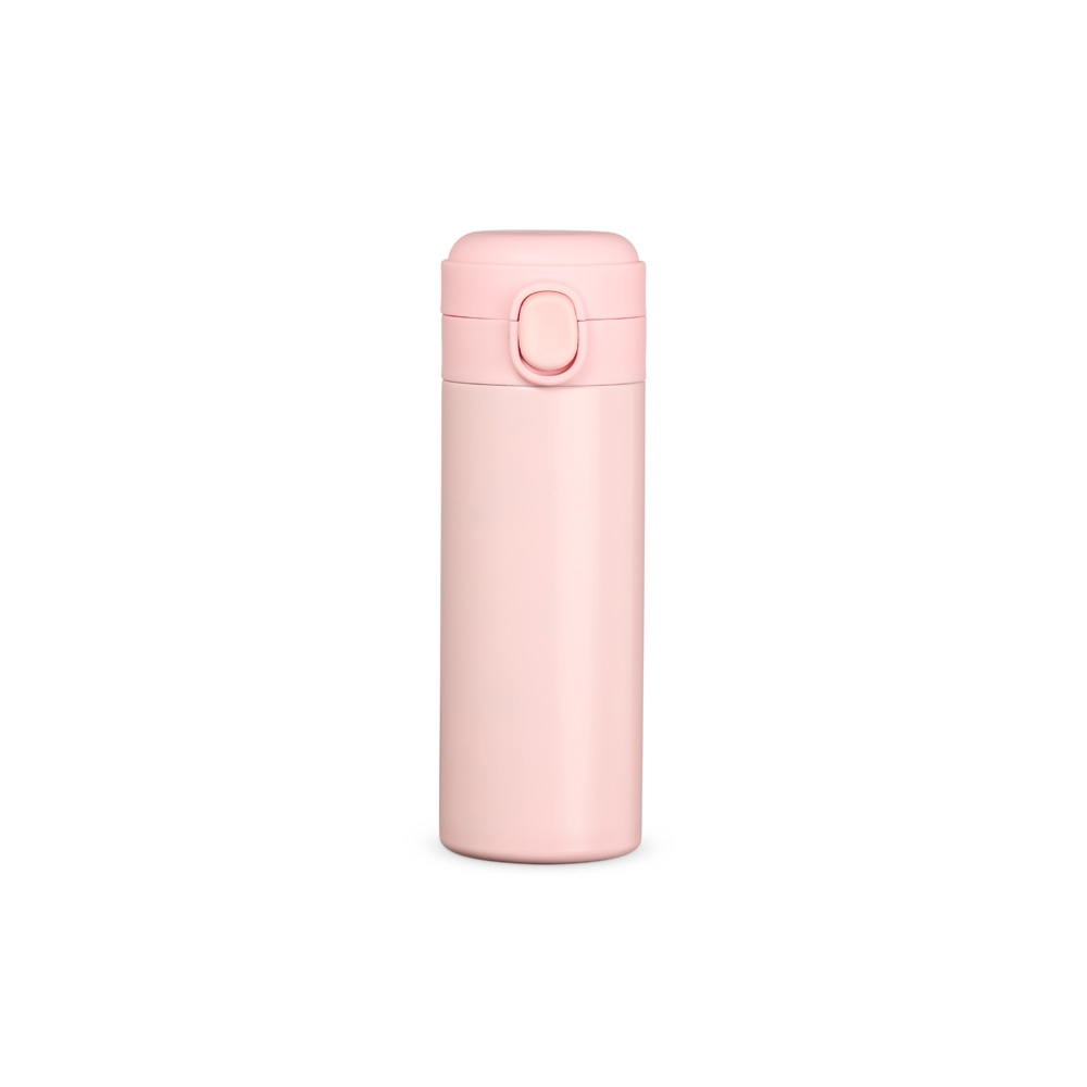 Garrafa térmica 400 ml de inox com tampa de botão personalizada com a logo da empresa, na cor rosa