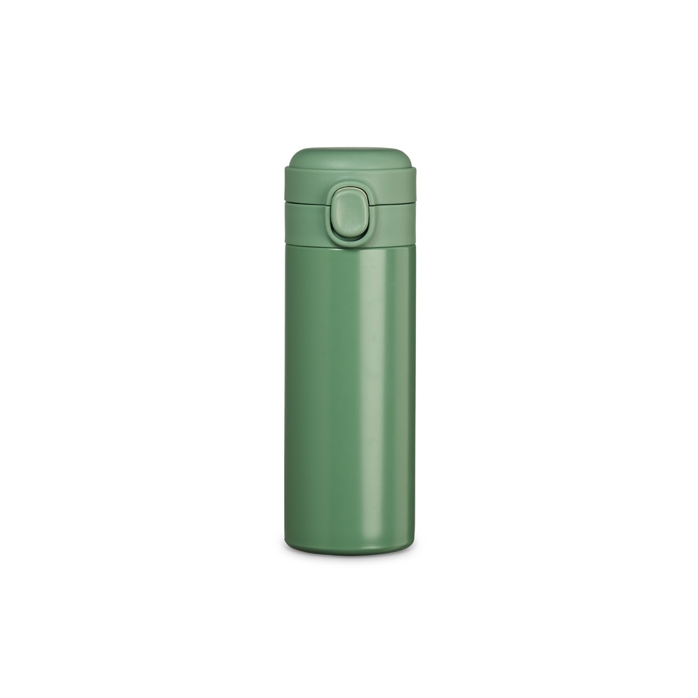 Garrafa térmica 400 ml de inox com tampa de botão personalizada com a logo da empresa, na cor verde