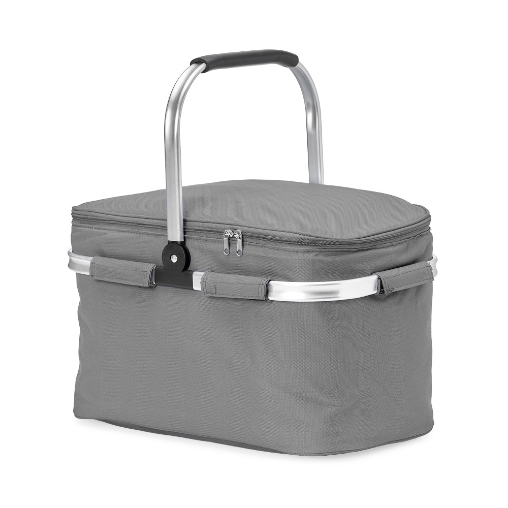 Bolsa térmica 31 litros de poliéster personalizada com a logo da empresa, na cor cinza