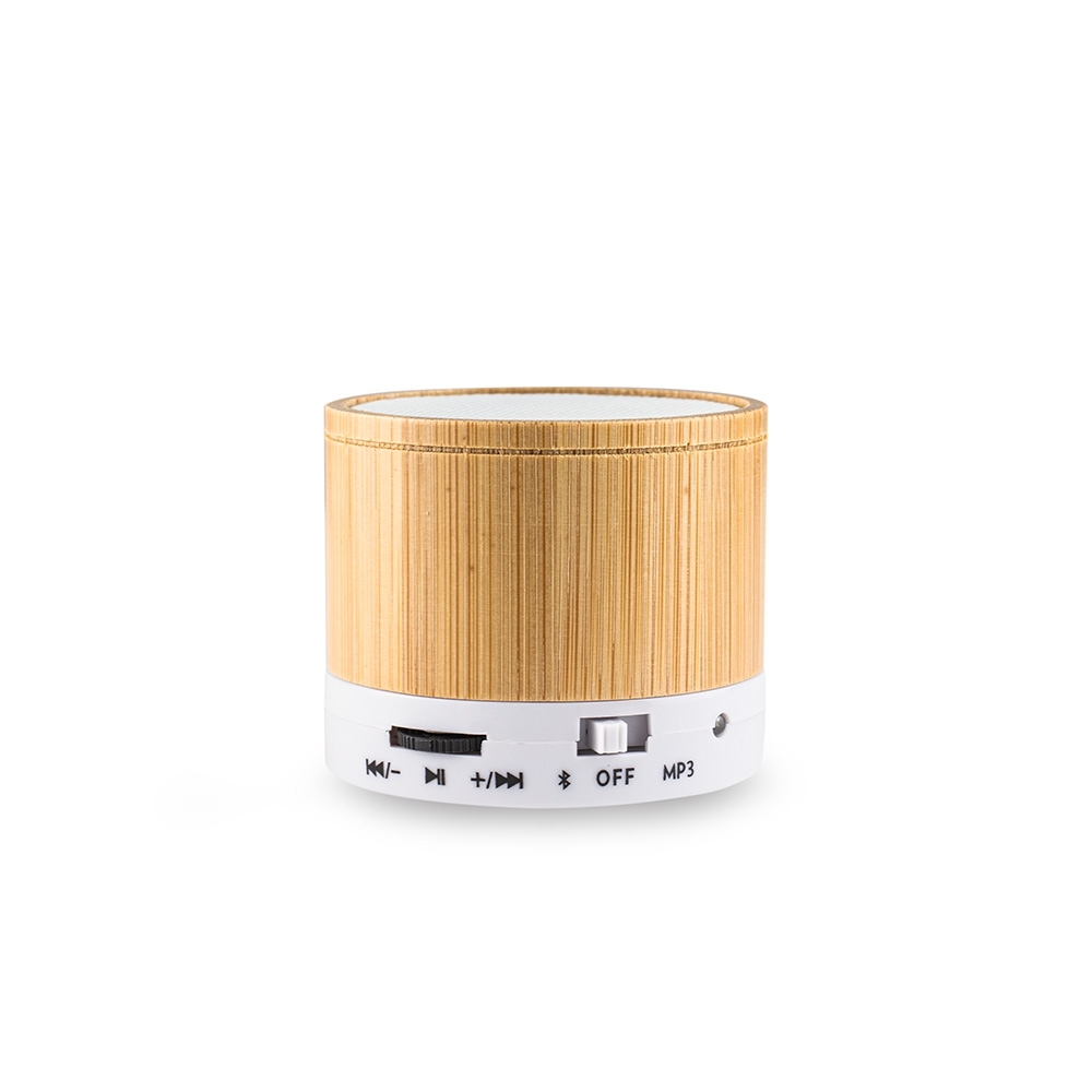 Caixinha de som bambu na cor Madeira / Branco, personalizada com a logo da empresa