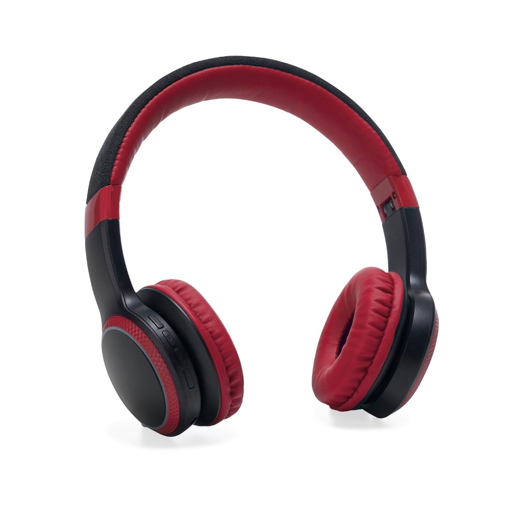 Fone de ouvido Bluetooth com luzes LED e microfone personalizado com a logo da empresa, na cor vermelho / preto