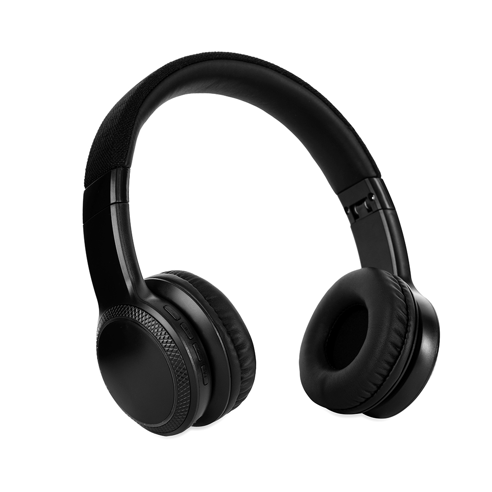 Fone de ouvido Bluetooth de metal com luzes LED na cor Preto, personalizado com a logo da empresa