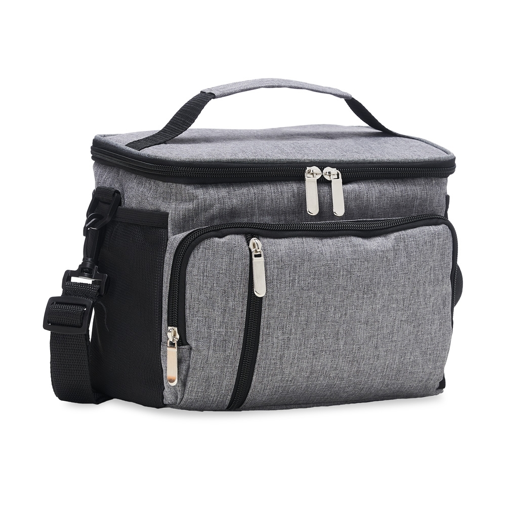 Bolsa térmica 9 litros de poliéster com 3 compartimentos personalizada com a logo da empresa, na cor cinza / preto