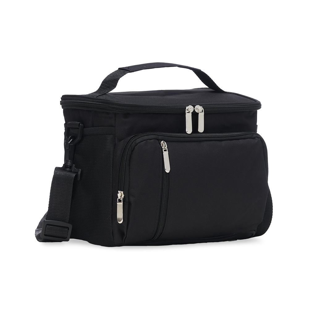 Bolsa térmica 9 litros de poliéster com 3 compartimentos na cor Preto, personalizada com a logo da empresa