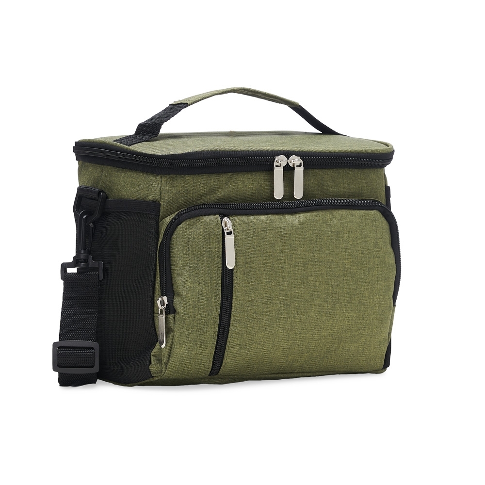 Bolsa térmica 9 litros de poliéster com 3 compartimentos personalizada com a logo da empresa, na cor verde / preto