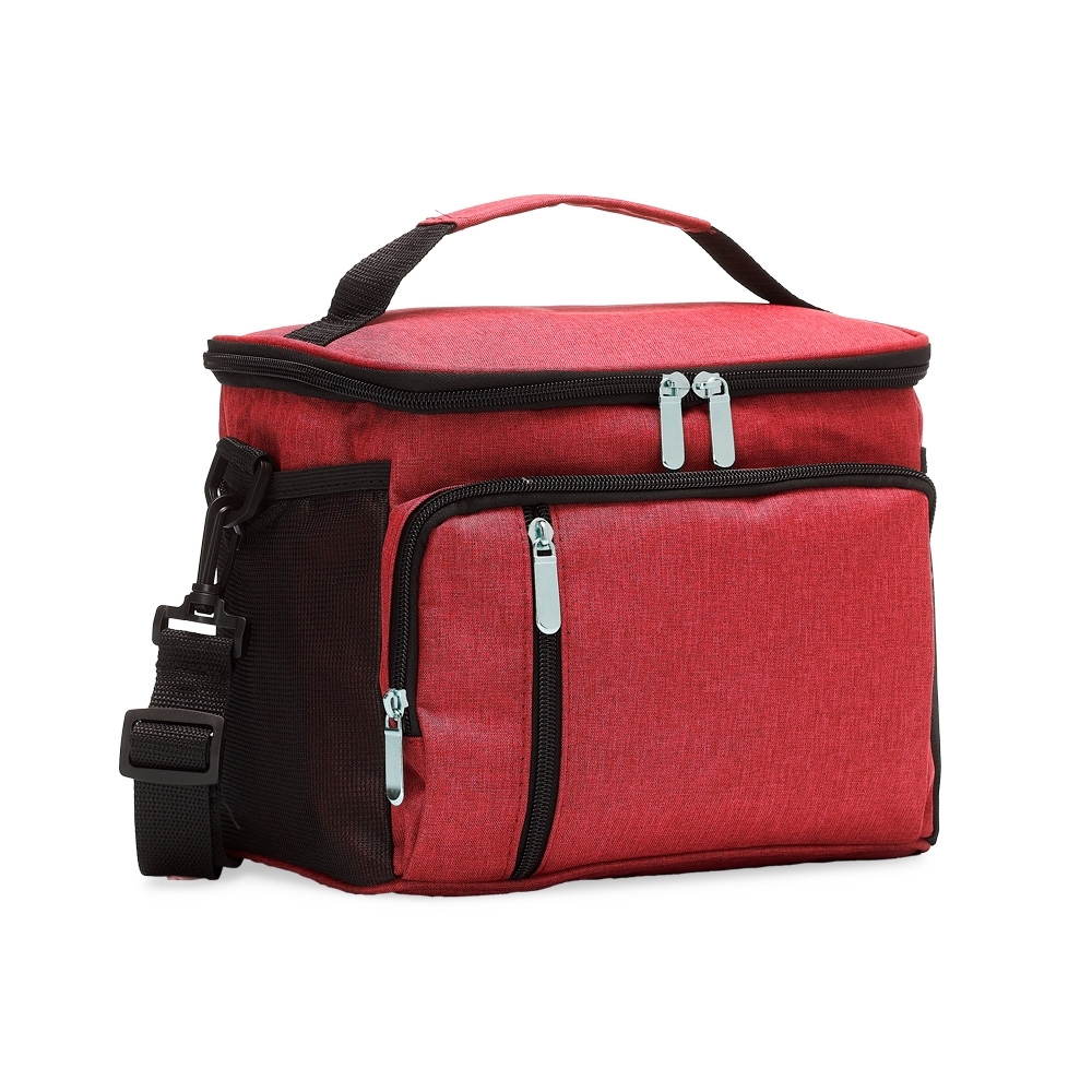 Bolsa térmica 9 litros de poliéster com 3 compartimentos personalizada com a logo da empresa, na cor vermelho / preto