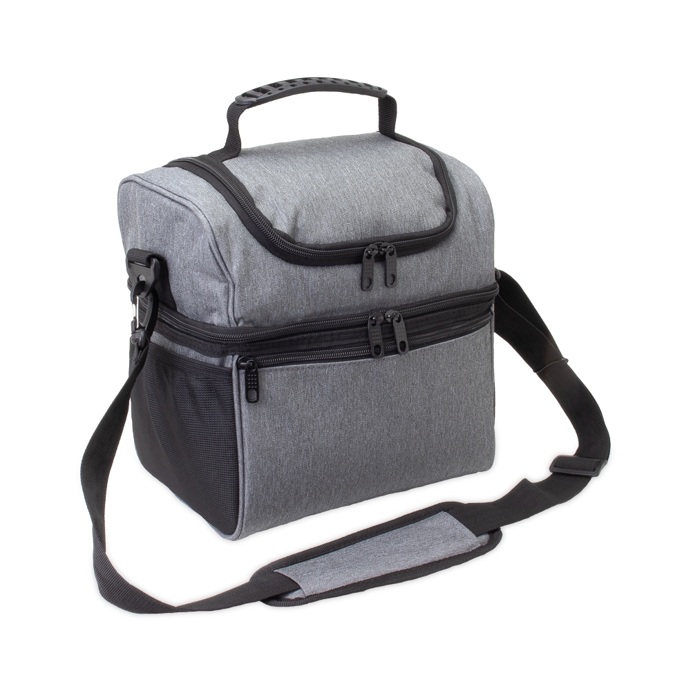 Bolsa térmica dupla 12 litros de nylon com 3 compartimentos na cor Cinza, personalizada com a logo da empresa