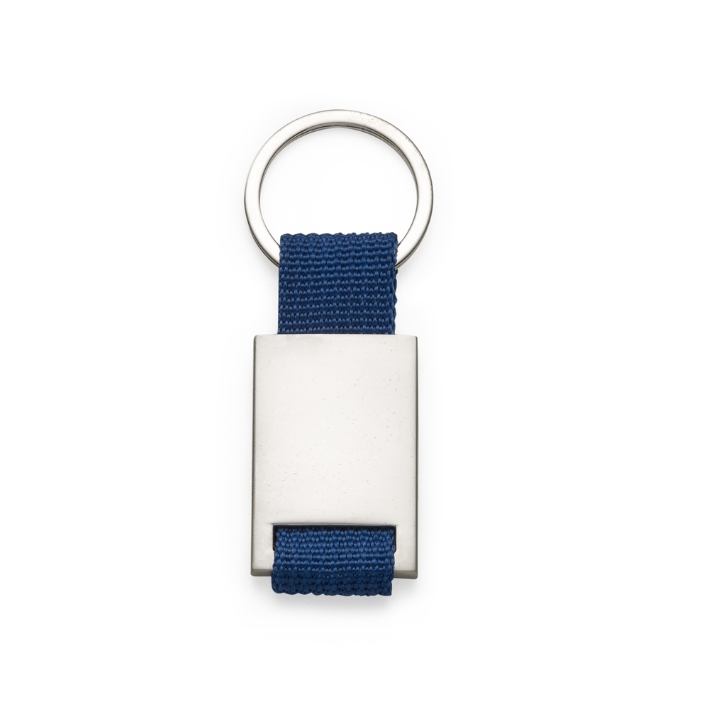Chaveiro de metal com nylon e detalhe colorido na cor Prata / Azul, personalizado com a logo da empresa