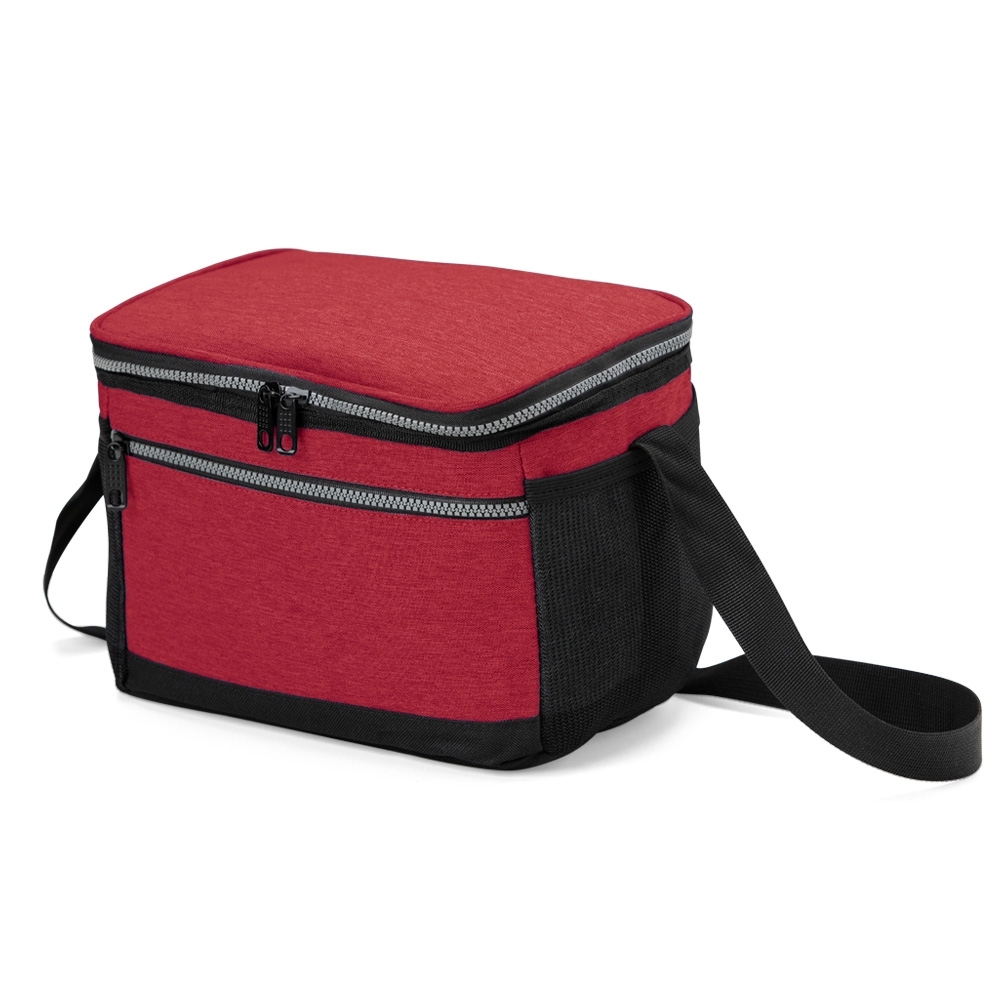 Bolsa térmica 11 litros de nylon com 2 compartimentos personalizada com a logo da empresa, na cor vermelho / preto