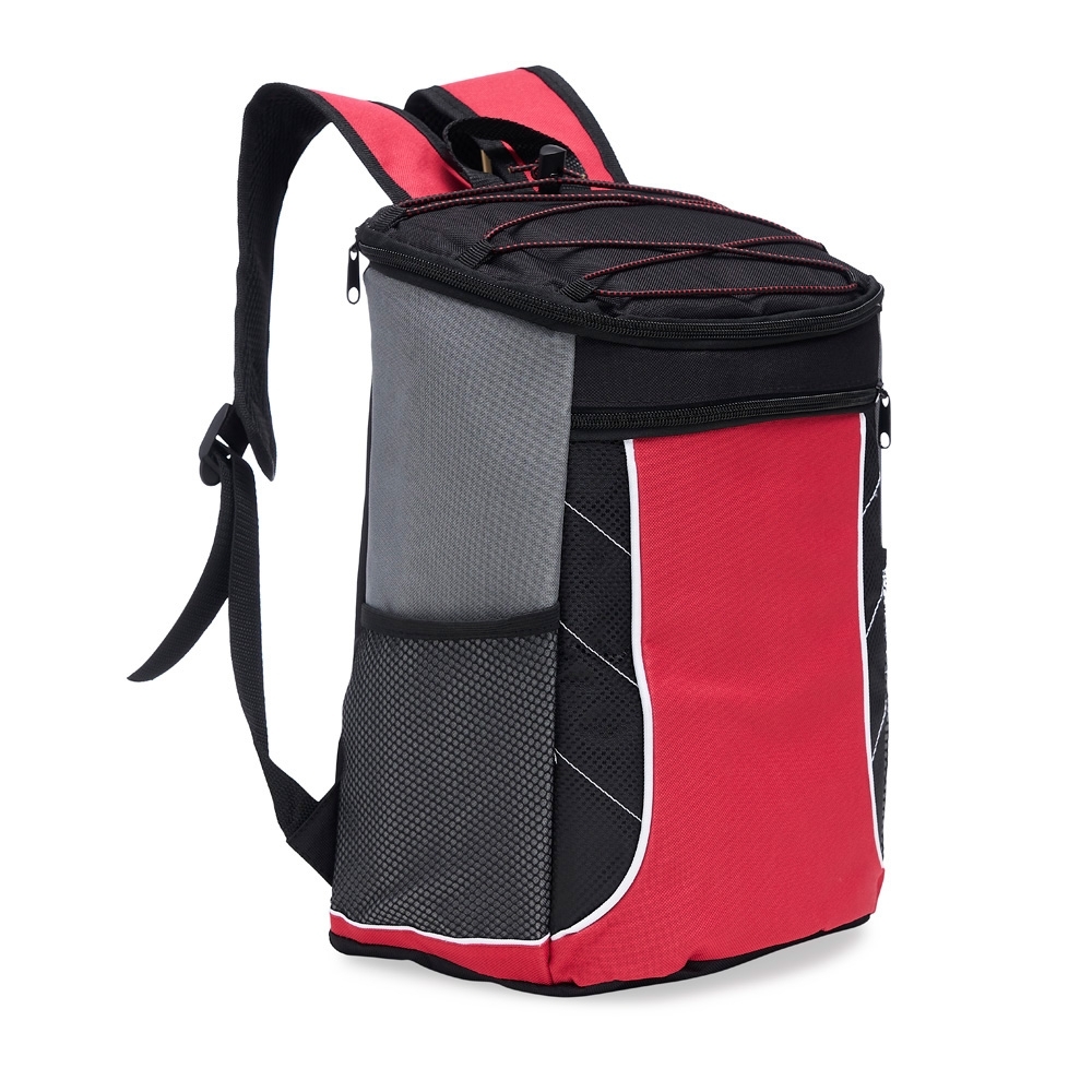 Bolsa térmica 19 litros de poliéster com 2 compartimentos personalizada com a logo da empresa, na cor vermelho / preto