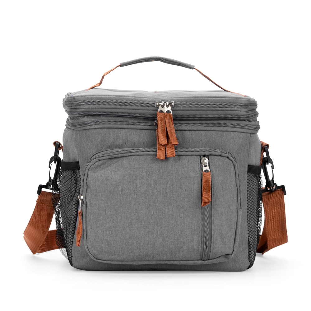 Bolsa térmica dupla expansível 15 litros com 2 compartimentos na cor Cinza, personalizada com a logo da empresa