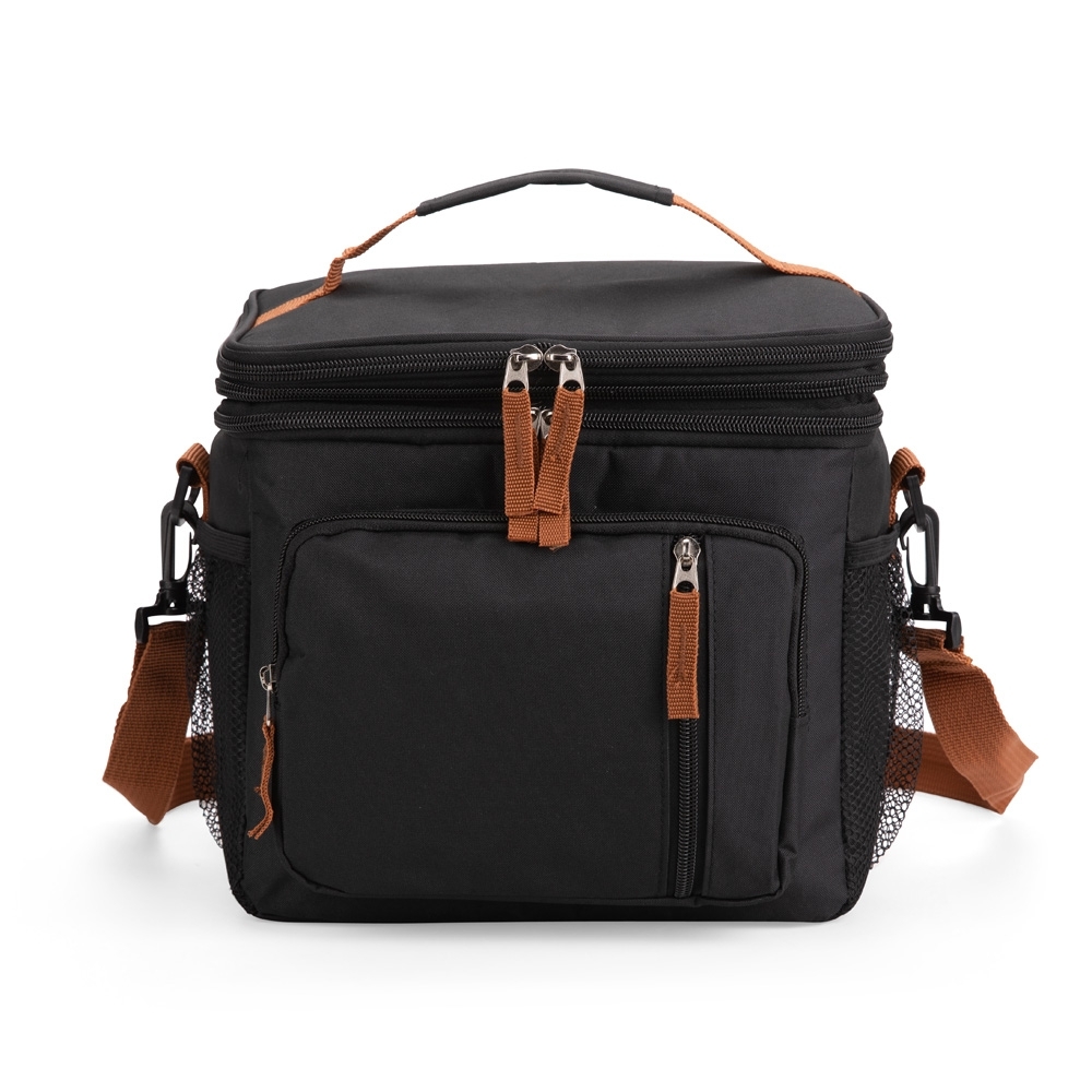 Bolsa térmica dupla expansível 15 litros com 2 compartimentos na cor Preto / Marrom, personalizada com a logo da empresa