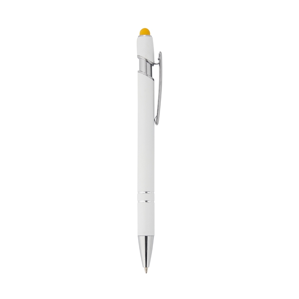 Caneta de metal touch com corpo branco e ponta touch colorida personalizada com a logo da empresa