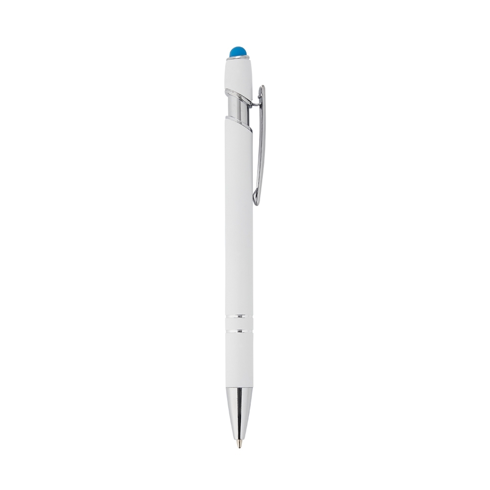 Caneta de metal touch com corpo branco e ponta touch colorida personalizada com a logo da empresa, na cor branco / azul claro