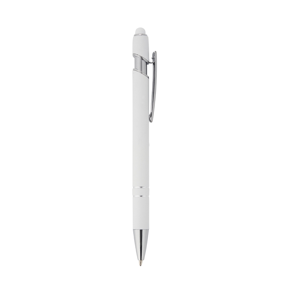 Caneta de metal touch com corpo branco e ponta touch colorida na cor Branco, personalizada com a logo da empresa