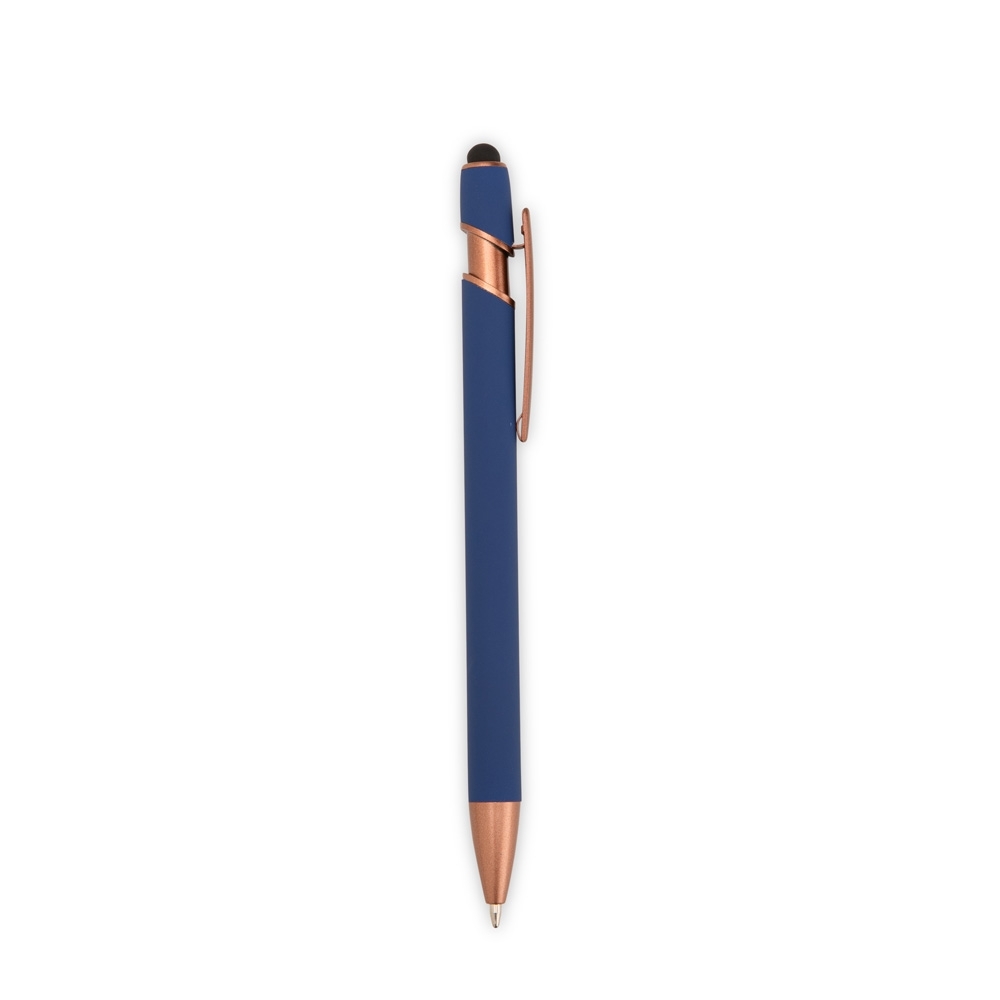 Caneta de metal touch emborrachada com detalhes em tom bronze personalizada com a logo da empresa