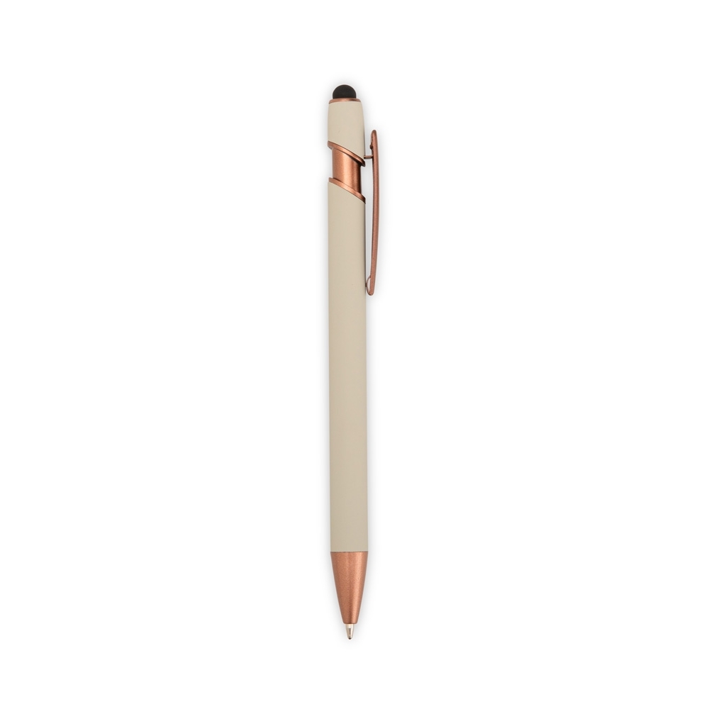 Caneta de metal touch emborrachada com detalhes em tom bronze na cor Cinza claro / Bronze, personalizada com a logo da empresa