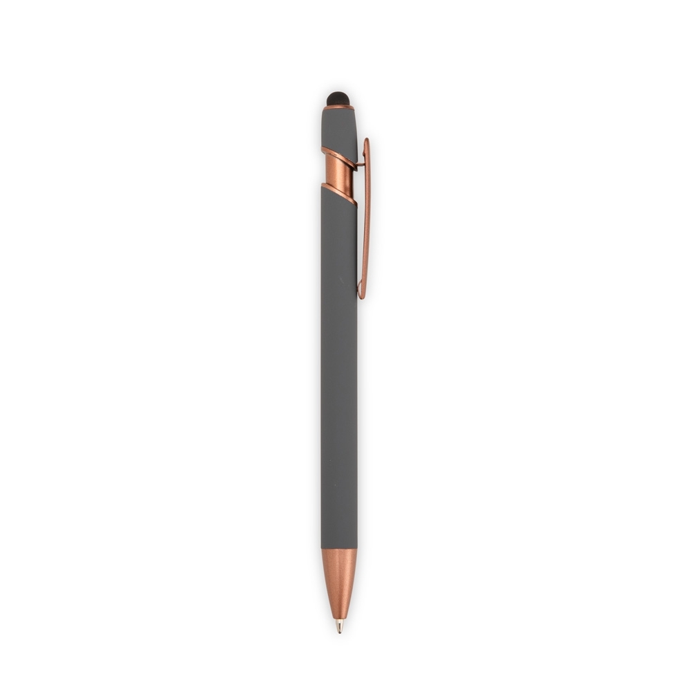 Caneta de metal touch emborrachada com detalhes em tom bronze