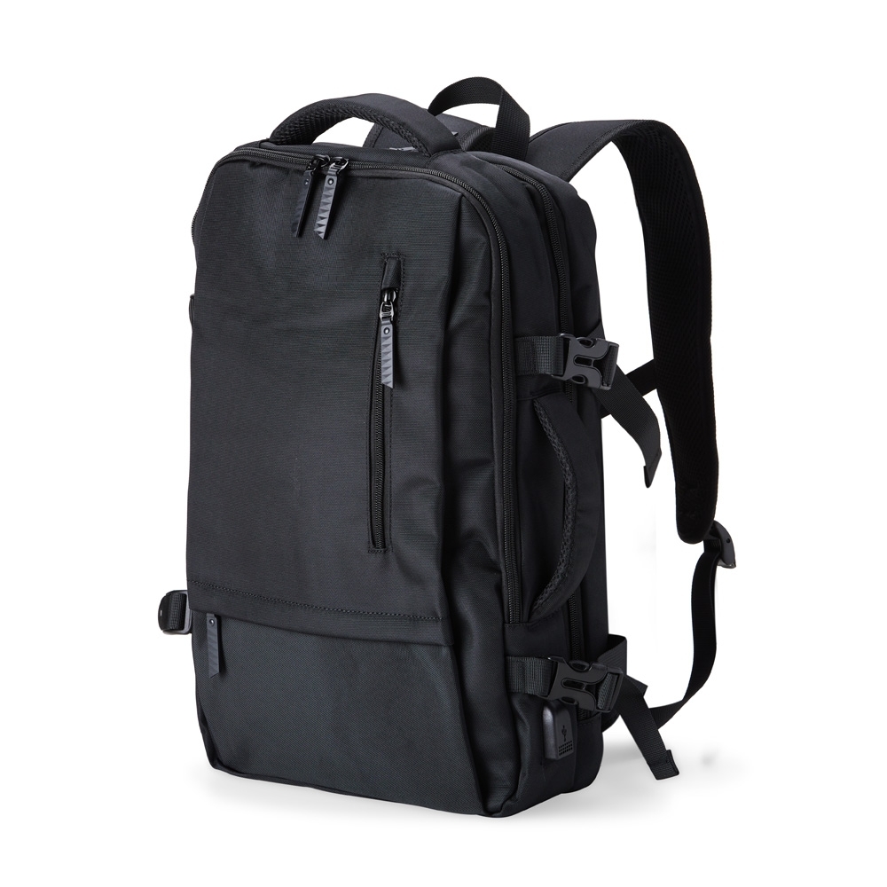 Mochila de nylon USB 20 litros com 4 compartimentos e bolso de tablet na cor Preto, personalizada com a logo da empresa