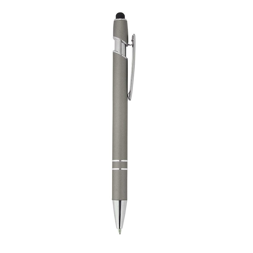 Caneta de metal touch em tons metalizados com dois anéis na cor Chumbo, personalizada com a logo da empresa