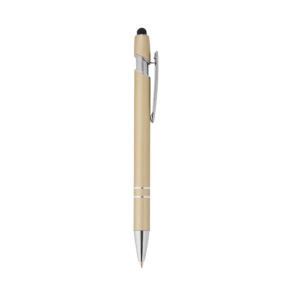 Caneta de metal touch em tons metalizados com dois anéis personalizada com a logo da empresa, na cor dourado