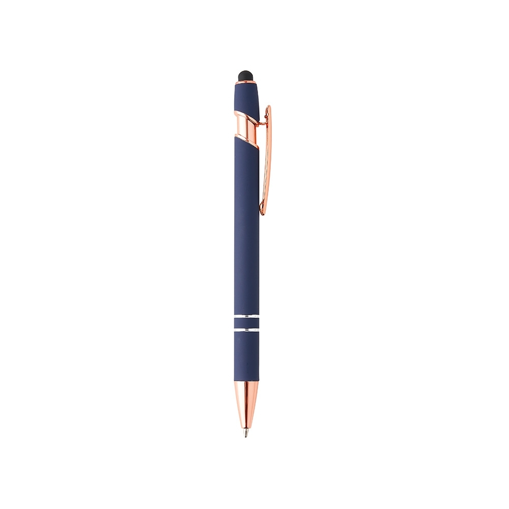 Caneta de metal touch emborrachada com detalhes acobreados personalizada com a logo da empresa, na cor azul escuro / cobre