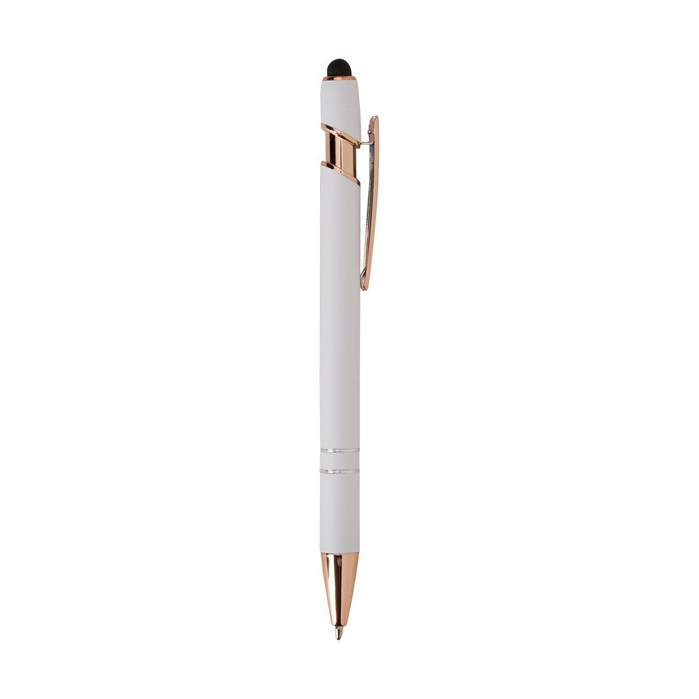 Caneta de metal touch emborrachada com detalhes acobreados personalizada com a logo da empresa, na cor branco / cobre