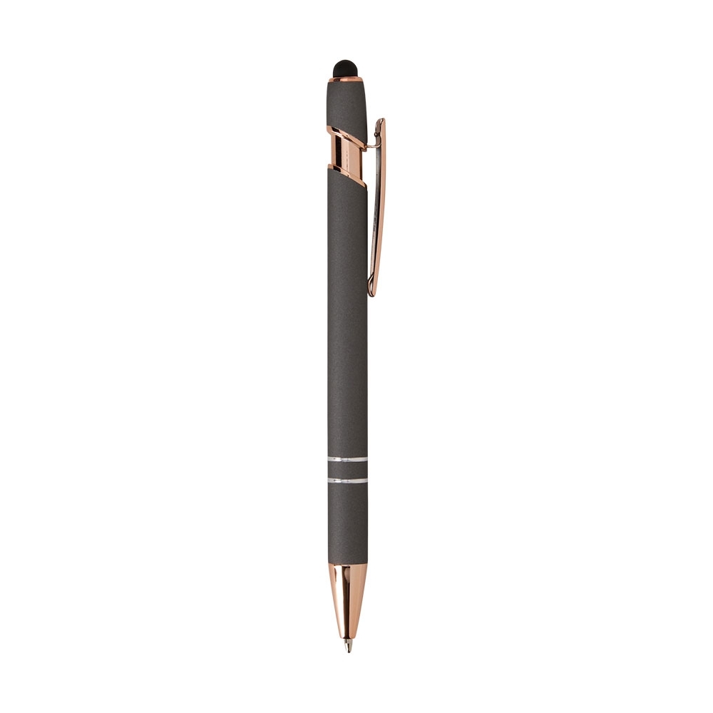 Caneta de metal touch emborrachada com detalhes acobreados personalizada com a logo da empresa, na cor chumbo / cobre