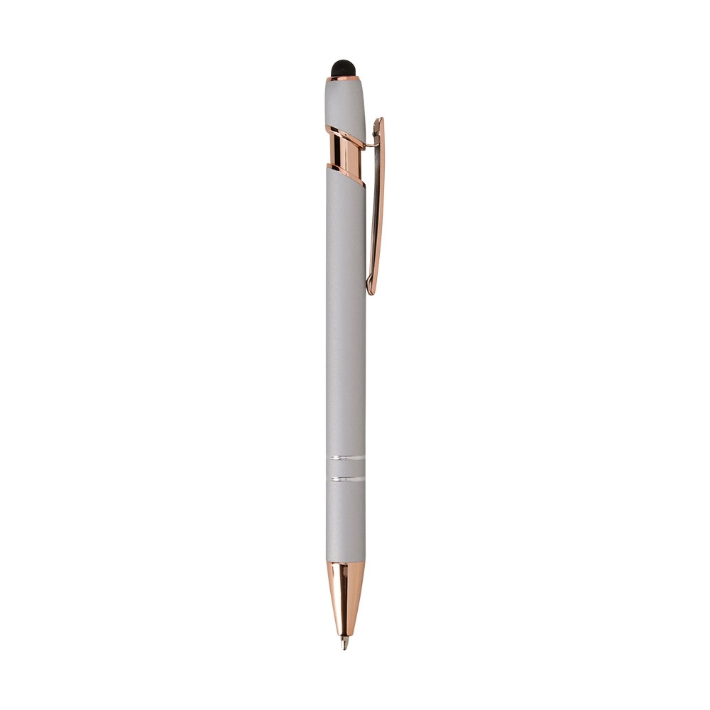 Caneta de metal touch emborrachada com detalhes acobreados personalizada com a logo da empresa, na cor prata / cobre