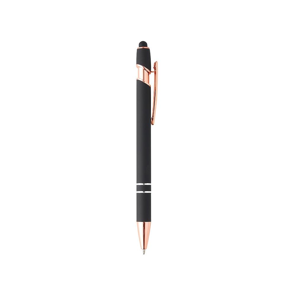 Caneta de metal touch emborrachada com detalhes acobreados na cor Preto / Cobre, personalizada com a logo da empresa