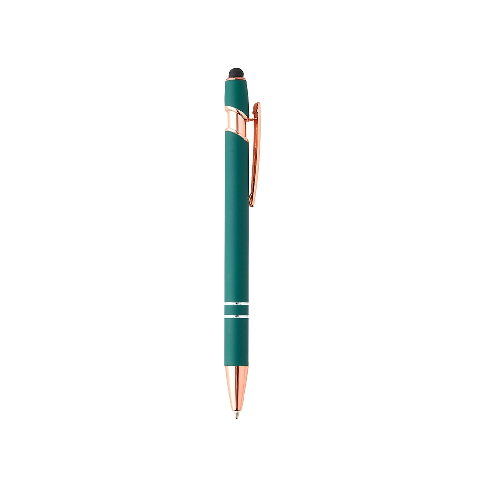 Caneta de metal touch emborrachada com detalhes acobreados personalizada com a logo da empresa, na cor verde escuro / cobre