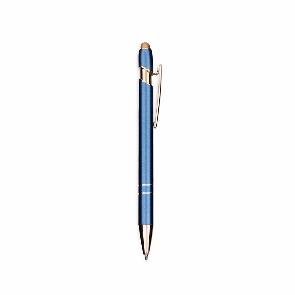 Caneta de metal touch brilhante com colar e anéis acobreados