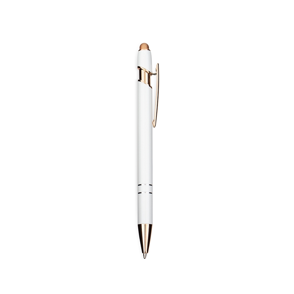 Caneta de metal touch brilhante com colar e anéis acobreados na cor Branco / Cobre, personalizada com a logo da empresa