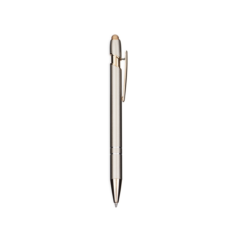 Caneta de metal touch brilhante com colar e anéis acobreados personalizada com a logo da empresa, na cor champanhe / cobre