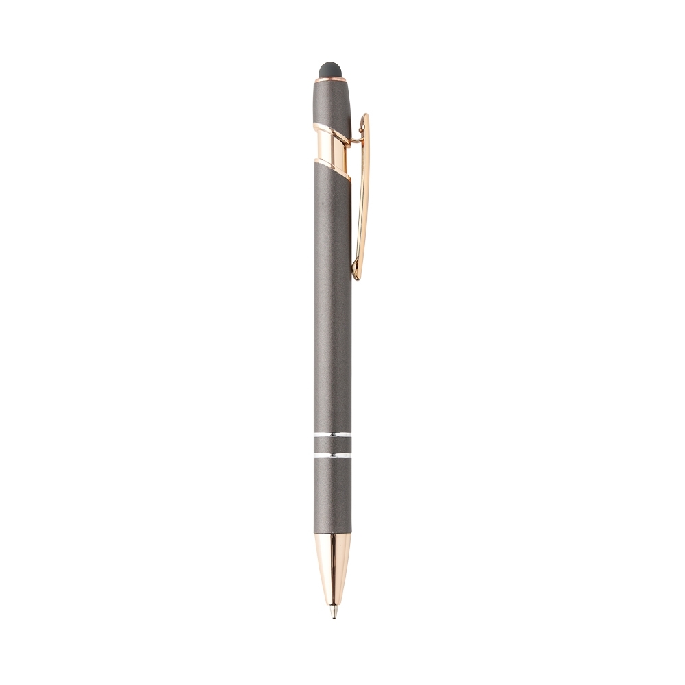Caneta de metal touch metalizada com detalhes acobreados na cor Chumbo / Cobre, personalizada com a logo da empresa