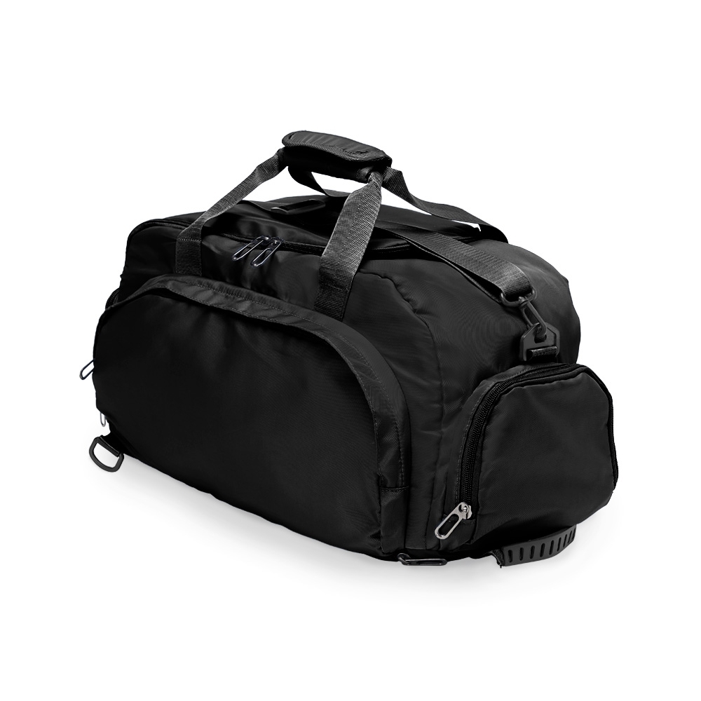 Bolsa esportiva poliéster 28 litros impermeável com alça transversal na cor Preto, personalizada com a logo da empresa