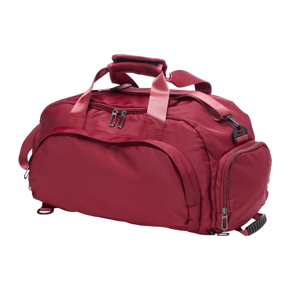 Bolsa esportiva poliéster 28 litros impermeável com alça transversal personalizada com a logo da empresa, na cor vermelho