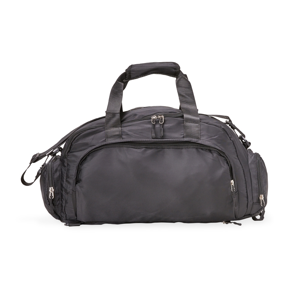 Bolsa esportiva 33 litros de poliéster com alça transversal na cor Preto, personalizada com a logo da empresa
