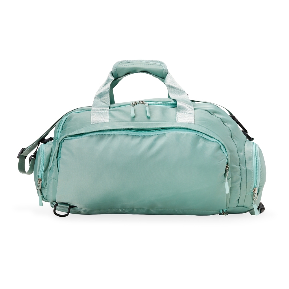 Bolsa esportiva 33 litros de poliéster com alça transversal personalizada com a logo da empresa, na cor verde
