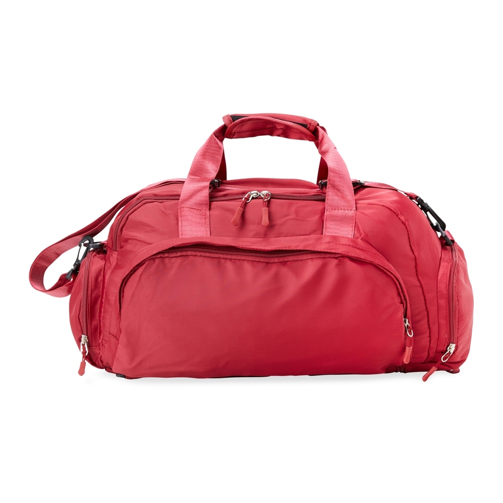 Bolsa esportiva 33 litros de poliéster com alça transversal personalizada com a logo da empresa, na cor vermelho