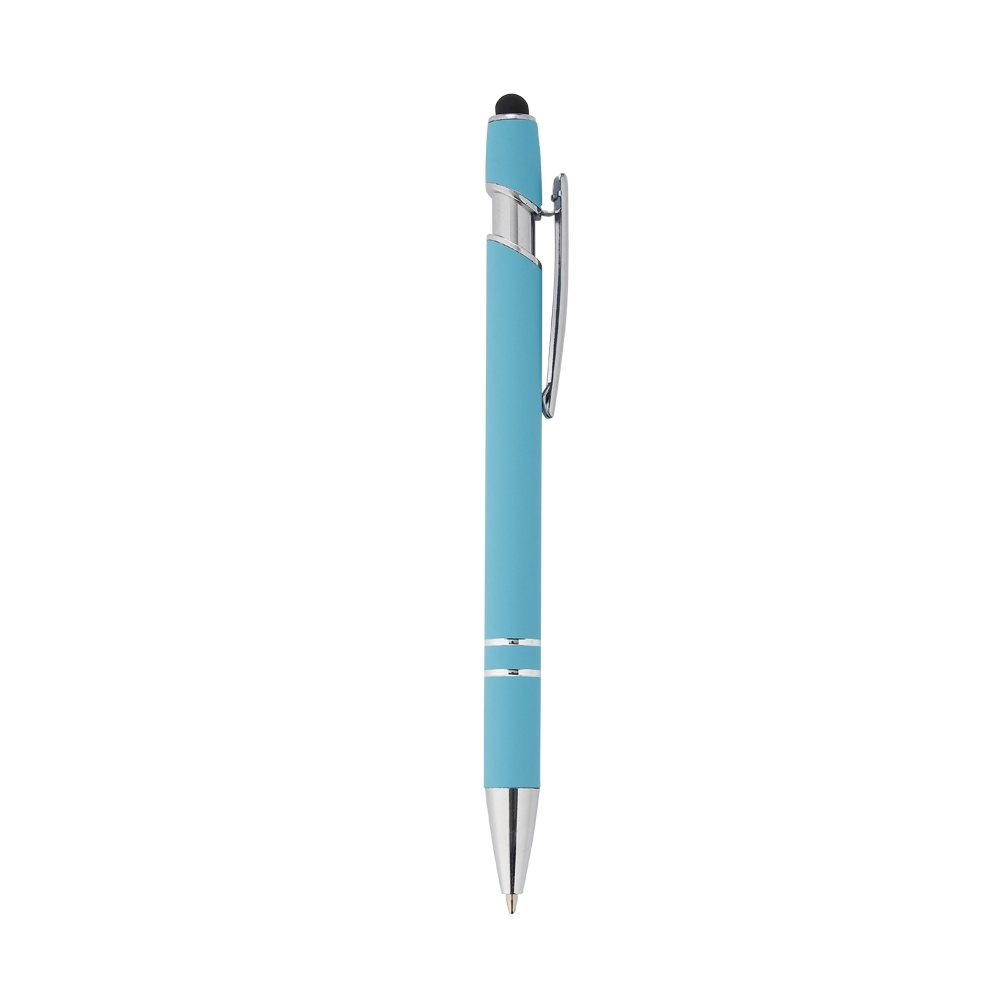 Caneta de metal touch emborrachada com detalhes cromados personalizada com a logo da empresa, na cor azul claro