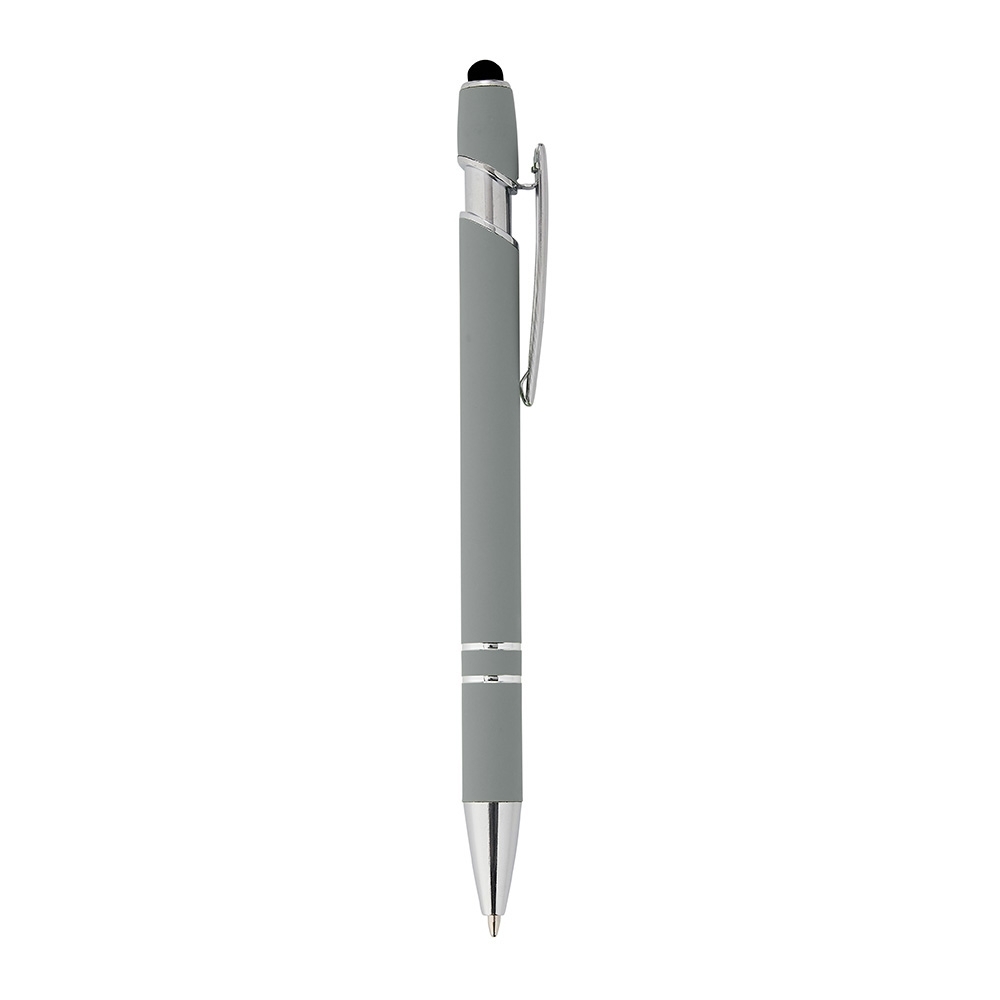 Caneta de metal touch emborrachada com detalhes cromados personalizada com a logo da empresa, na cor cinza / prata