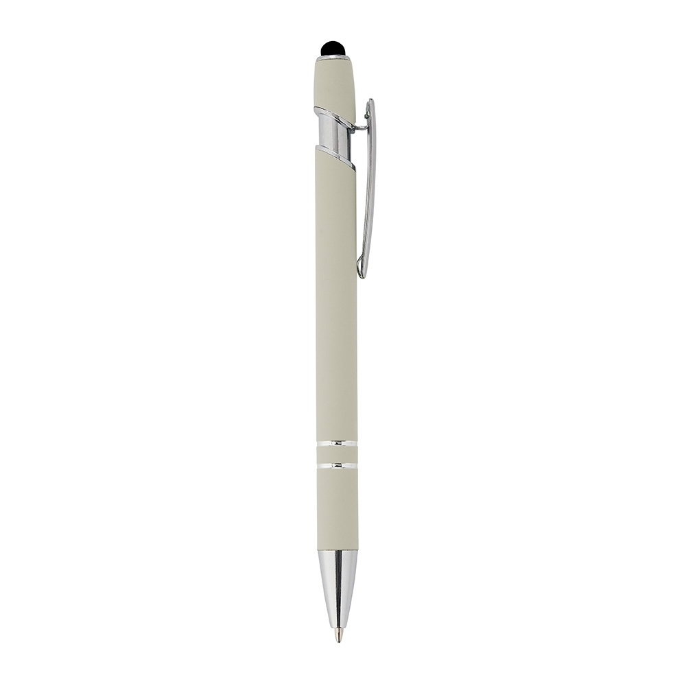 Caneta de metal touch emborrachada com detalhes cromados na cor Creme / Prata, personalizada com a logo da empresa