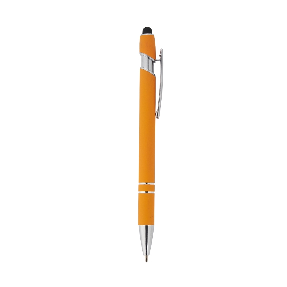 Caneta de metal touch emborrachada com detalhes cromados personalizada com a logo da empresa, na cor laranja