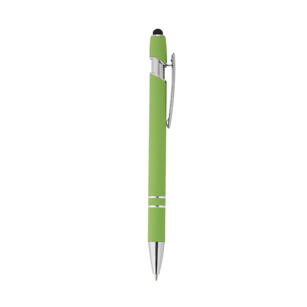 Caneta de metal touch emborrachada com detalhes cromados personalizada com a logo da empresa, na cor verde claro