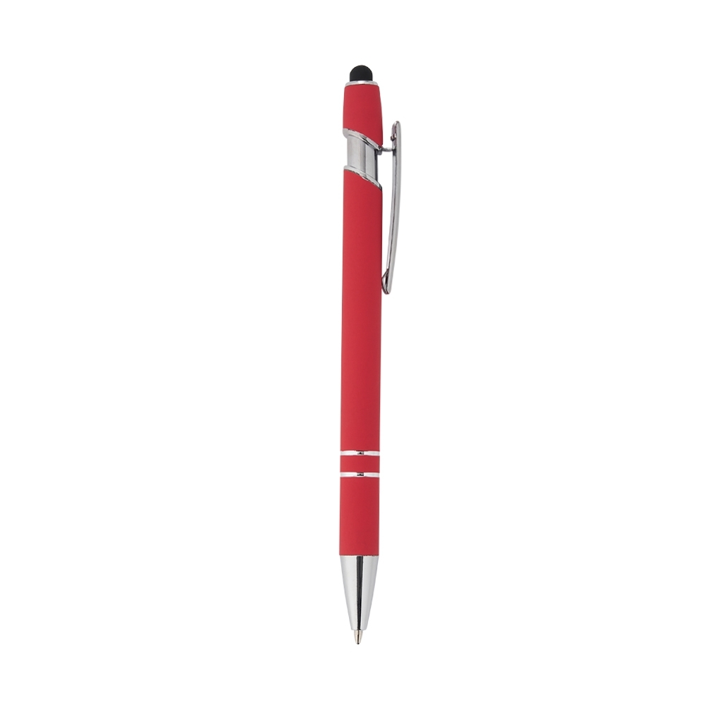 Caneta de metal touch emborrachada com detalhes cromados personalizada com a logo da empresa, na cor vermelho